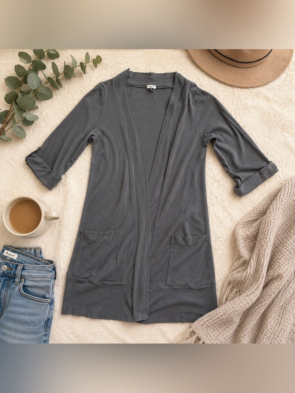 Splendid Gray Long Open Front Cardigan 3/4 Sleeve Patch Pockets Medium